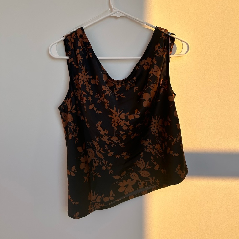 A New Day Silk Top Women Small Floral Black Brown Business Chic